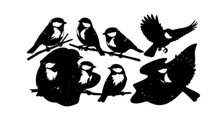 Titmouse bird flying hand drawn vector illustration set isolated on white background © MstSweety