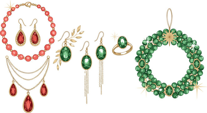 Elegant gemstone jewelry vector set with necklaces earrings rings and emerald wreath luxury fashion accessories illustration collection