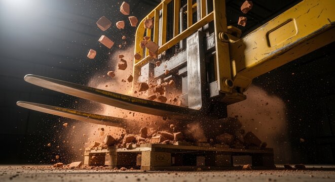 Forklift crushing bricks on wooden pallet with dust and debris flying. Forklift is actively lifting and breaking bricks, creating a cloud of dust and movement.