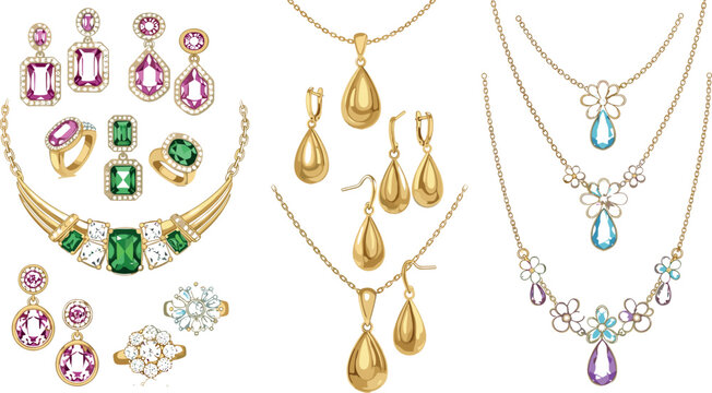 Elegant gemstone jewelry vector set with gold necklaces earrings rings pendants and luxury decorative accessories illustration collection