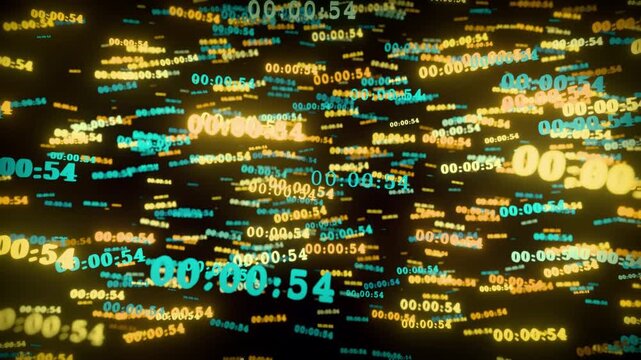 A dynamic digital word cloud featuring business and technology terms like network and security integrated into a binary code background on a black electronic display