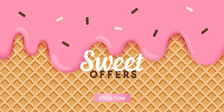 Ice cream sale banner with waffle texture and pink dripping glaze. Modern sweet dessert promotion template with shop now button, perfect for advertising, social media, web headers and summer offers.