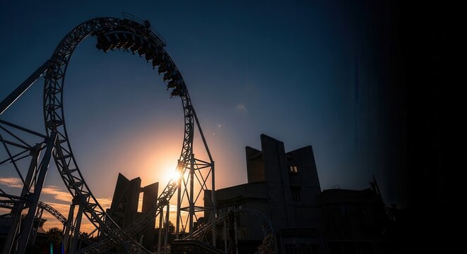 Roller coaster silhouette against sunset sky with modern buildings in background. Thrilling amusement park scene captures excitement and adventure during evening hours.