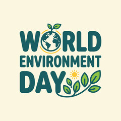 Fototapeta premium World environment day typography with globe and green leaves for eco friendly celebration.