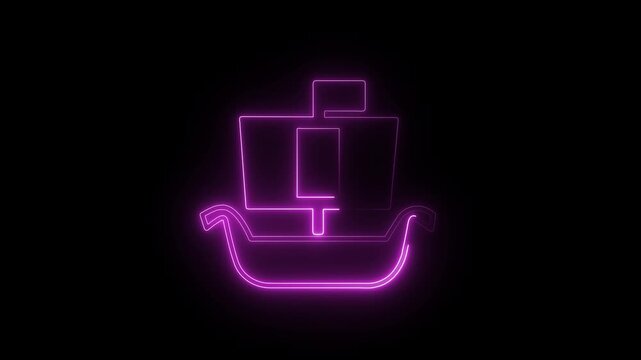 Glowing neon line Ancient viking scandinavian drakkar icon isolated on black background. Viking transport ship. 4K Video motion graphic animation