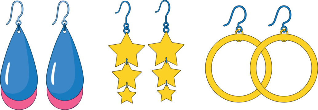 Colorful earrings vector set with teardrop star dangle and hoop jewelry accessories modern fashion illustration collection