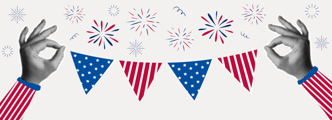 Red, white, and blue banner with 4th of July written across against halftone collage. Independence day greeting card template. Independence Day of America, history, patriotism, holiday © Alyona