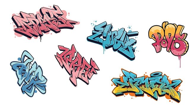 Collection of vibrant urban graffiti art tags on white background