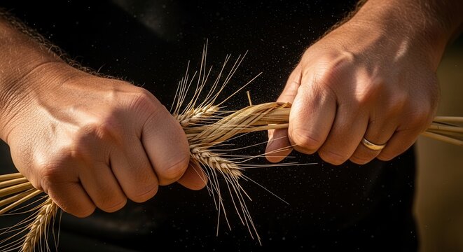 Hands breaking wheat stalks in bright sunlight with close-up view highlighting the texture and detail of the grains.