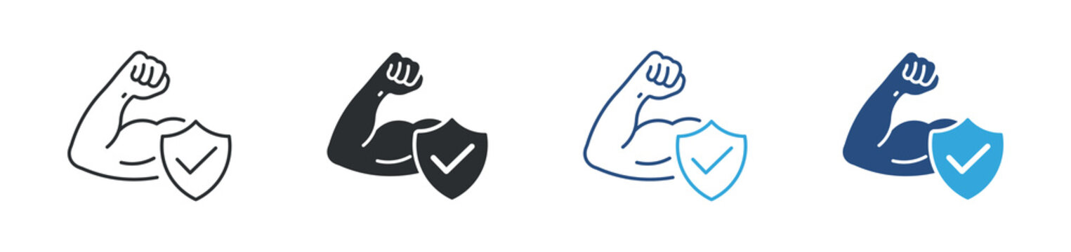 Strength security icon set. Protection power concept, strong arm with shield check mark, safety assurance symbol, vector illustration