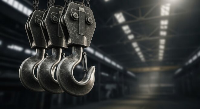 Industrial crane hooks in warehouse with dramatic lighting for construction projects. Heavy-duty crane hooks hang from the ceiling in an expansive warehouse setting.