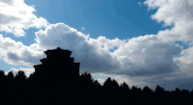 Silhouette of traditional pagoda against a cloudy blue sky