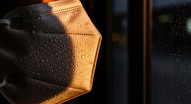 Mask with droplets against window in light reflection showcasing hygiene and health awareness. Mask illustrates importance of safety and health precautions during uncertain times.