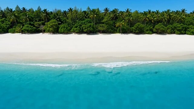 Aerial panorama of a pristine tropical beach turquoise ocean laps white sand, backed by lush palms under a bright blue sky, a true paradise