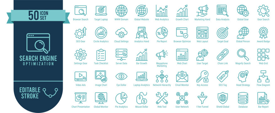 SEO and Digital Marketing Analytics 50 Line Icons Set - Search Engine Optimization Rank Tracking and Web Traffic Analysis Editable Stroke Vector
