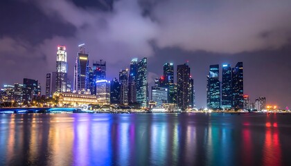Obraz premium A city skyline at night with colorful lights reflecting on water