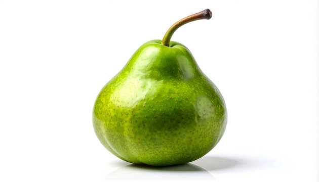 A vibrant green Anjou pear sits prominently against a clean white background.