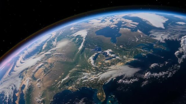 Realistic 3D animation of a beautiful sunrise over planet Earth from space revealing glowing night lights, ideal for global corporate videos.