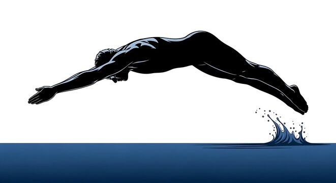 Silhouette of a male swimmer diving into water with a splash.