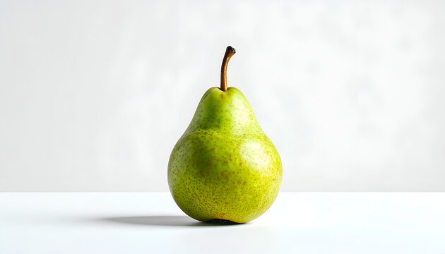 A single, ripe green pear sits prominently on a clean white surface.