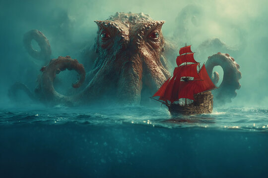 Giant octopus rises behind a ship in dark waters during a foggy time at sea