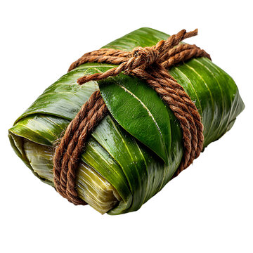 Traditional hallaca food parcel wrapped in green leaves and tied with rustic jute rope