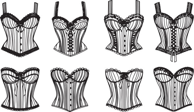 Set of vintage corset and bustier line art illustrations.