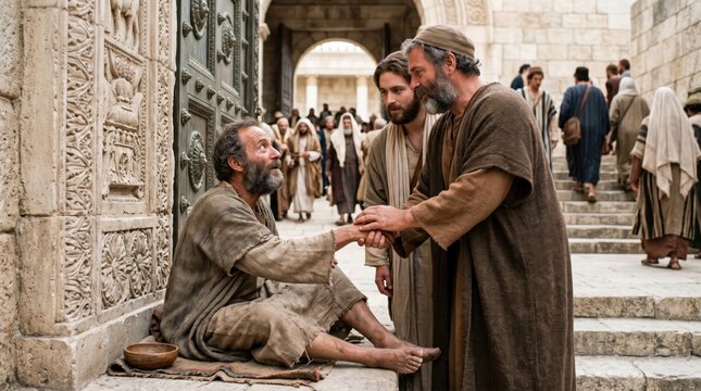 Apostle Peter and John healing a crippled man at the temple gate. Biblical scene depiction from the Acts of the Apostles. Religious historical event representing faith and divine miracle.
