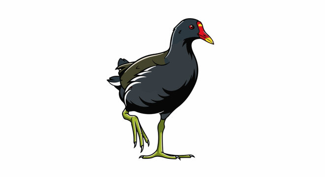 A dark bird with green legs and a red and yellow beak stands on one leg