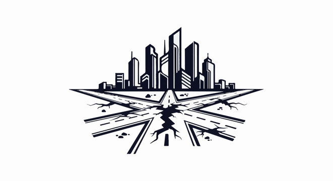 A cracked intersection of roads leads to a stylized cityscape under a stark white background