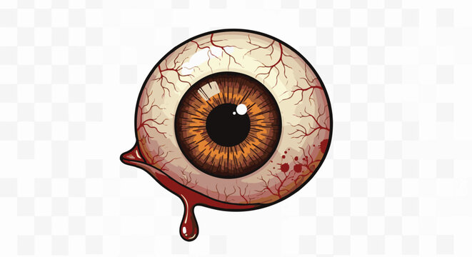 A detailed, close-up illustration of a realistic eyeball with a brown iris and a blood-red pupil, exuding a drop of blood
