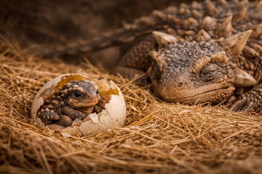 Baby ankylosaurus hatching from egg beside parent nest &ndash; perfect for prehistoric theme promo, children history and animal books