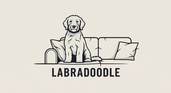 A fluffy dog sits patiently on a sofa, with the word "LABRADOODLE" below