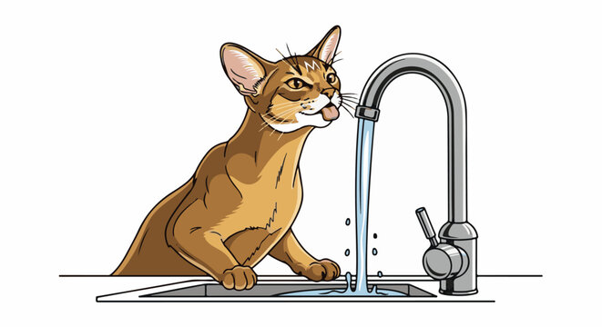 A domestic short-haired cat with brown fur drinks from a chrome faucet