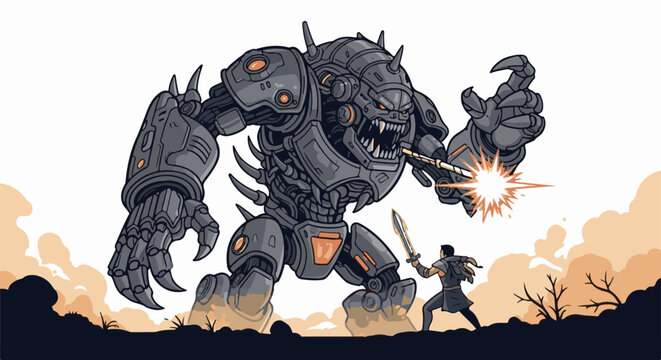 A formidable mechanical beast confronts a lone warrior wielding a radiant sword in a desolate landscape