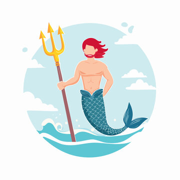 Cartoon merman holding a trident in the ocean