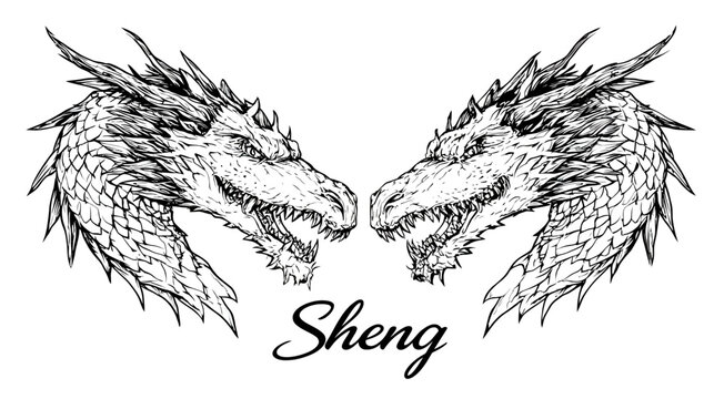 Ink drawing of two dragon heads facing each other on a white background