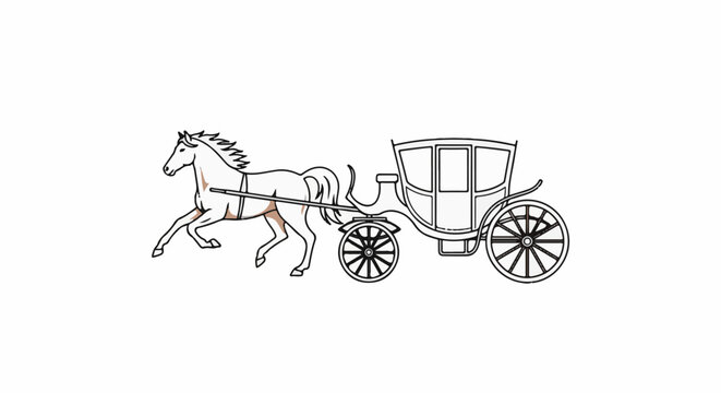 A detailed line drawing depicts a horse pulling a carriage