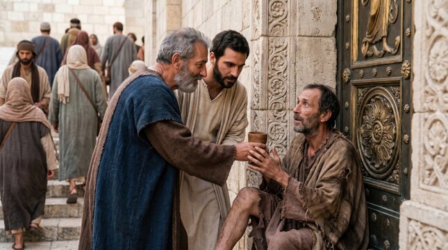 Apostle Peter and John giving alms to a disabled beggar at the temple gate. Biblical scene depiction from Acts 3. Christian faith, healing, compassion and historical religious narrative.