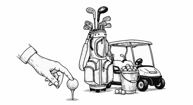 A hand places a golf ball on a tee next to a bag, cart, and balls