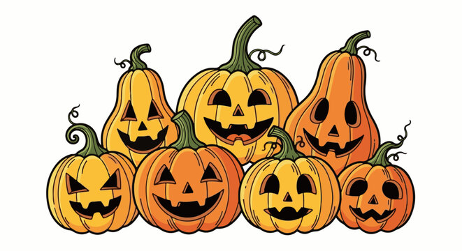 A festive arrangement of carved pumpkins with happy, spooky faces