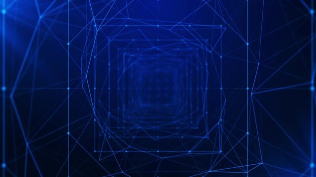 3D 4K Futuristic flight digital plexus line waves, dust particle Smart city big data connection technology Sci fi Skyline lights. Wireless connection internet of things wireframe.