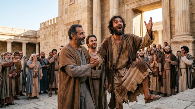 Apostle Peter helping happy man walk again in front of temple. Biblical scene of Jerusalem. Miracle healing of crippled person. Religious historical drama, hope and faith concept.