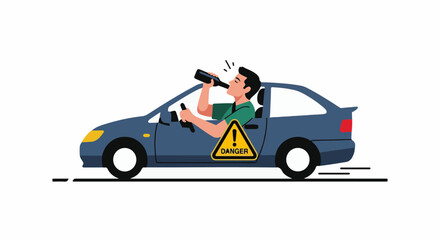 Naklejka premium A man driving a car and drinking from a bottle, with a danger sign