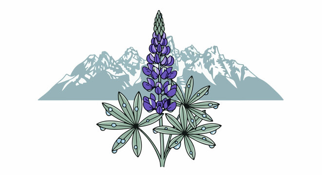A purple lupine flower with dew drops stands before snowy mountain peaks