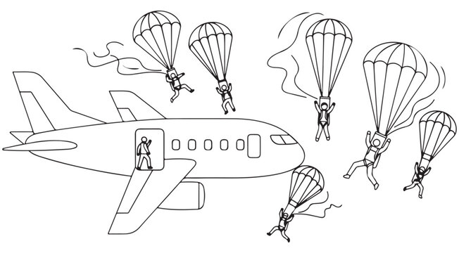 Stick figures skydiving from a jet airplane vector line art illustration for coloring book or business risk metaphor