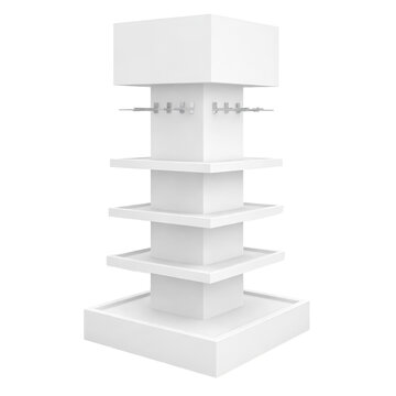 Four Sided Island Display Stand with Shelves and Header Mockup