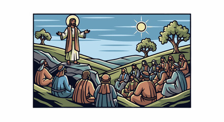 Obraz premium A man in a halo and robe preaches to a seated crowd on a hill under a bright sun