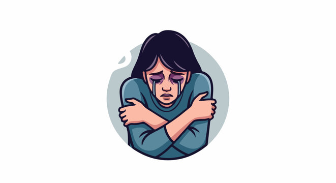A distressed person cries, embracing themselves in a circle