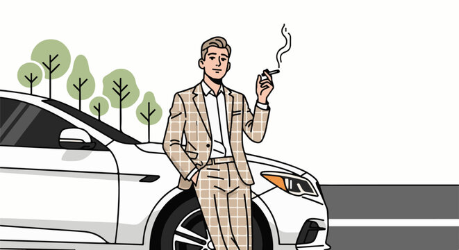 A man in a checked suit stands leaning against a white car, smoking, with trees in the background